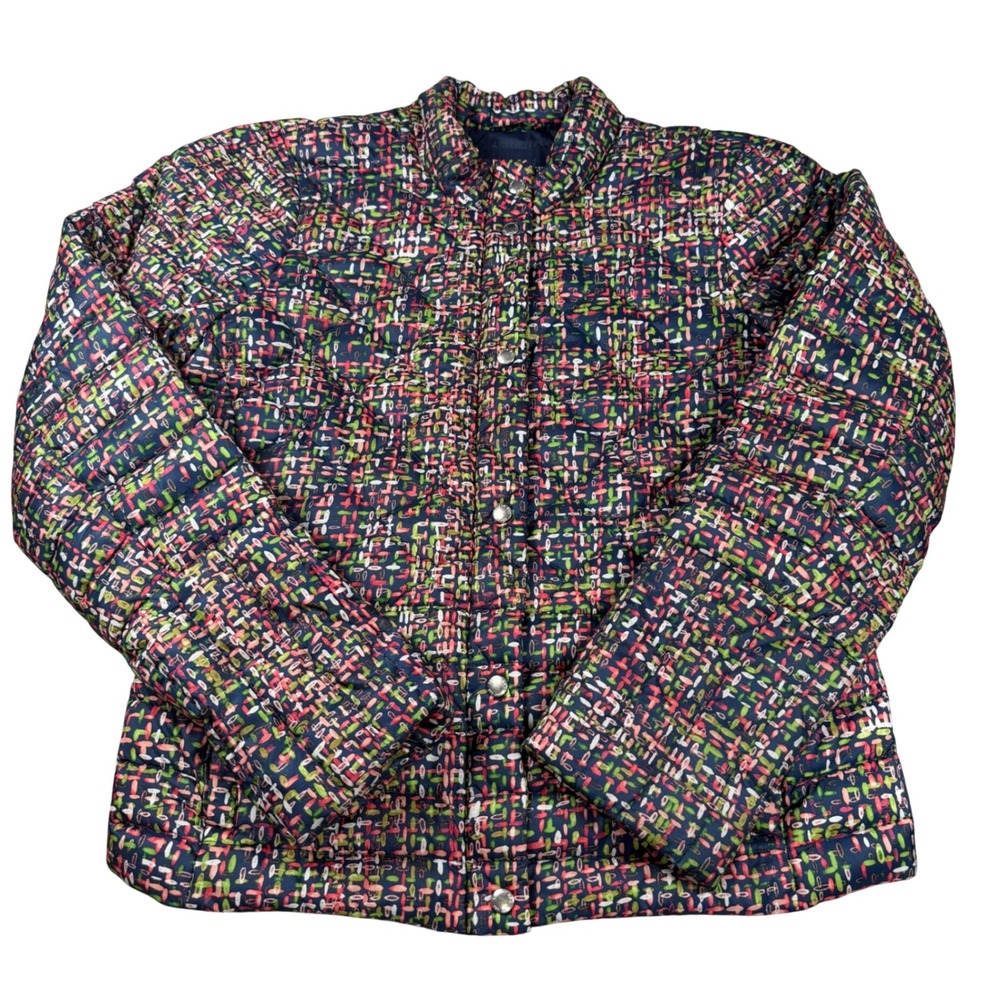 Lands End Womens Multi Color Abstract Print Down Puffer Jacket Small 6-8